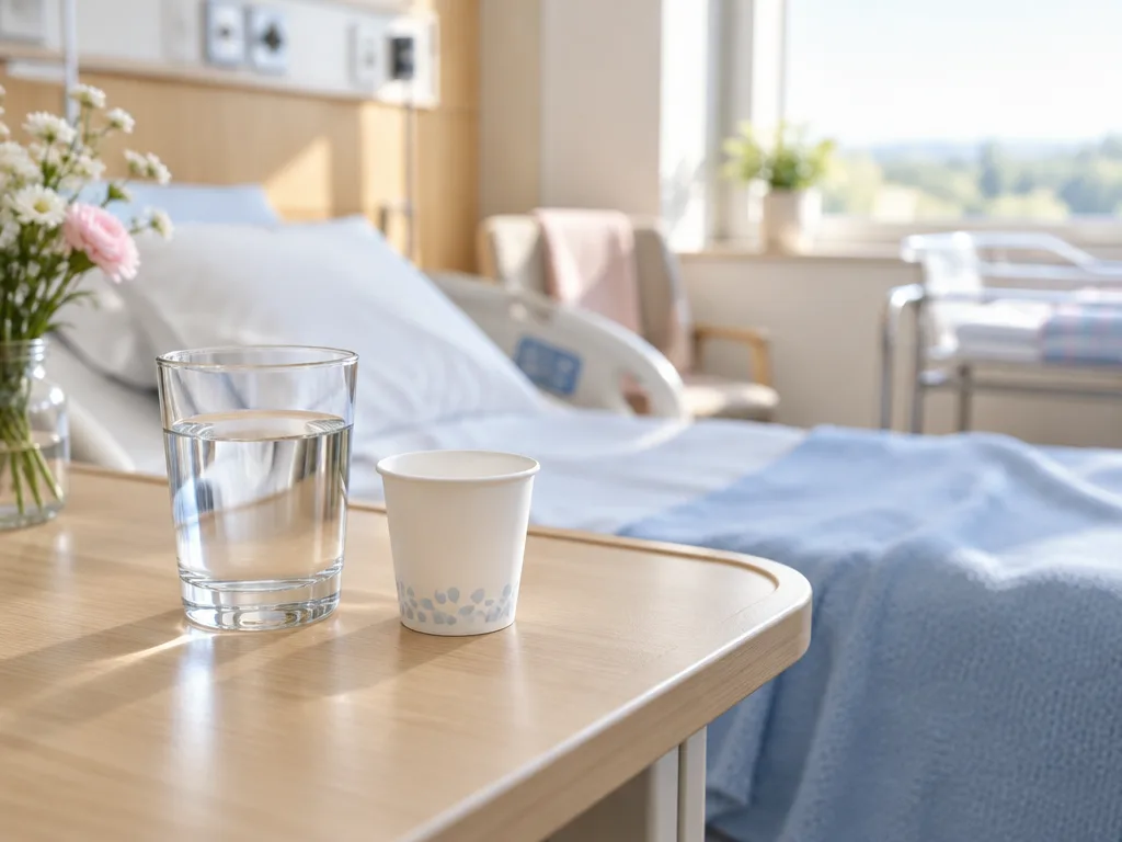 Vattenglas och medicinbägare på ett bord bredvid sängen i ett ljust förlossningsrum