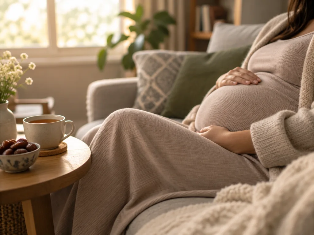 Höggravid kvinna vilar i soffan med en kopp te och en skål dadlar på bordet bredvid