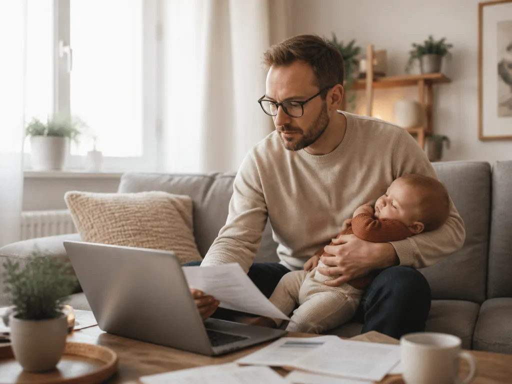 Förälder hemma i soffan med sovande bebis och hushållsbudget på bordet