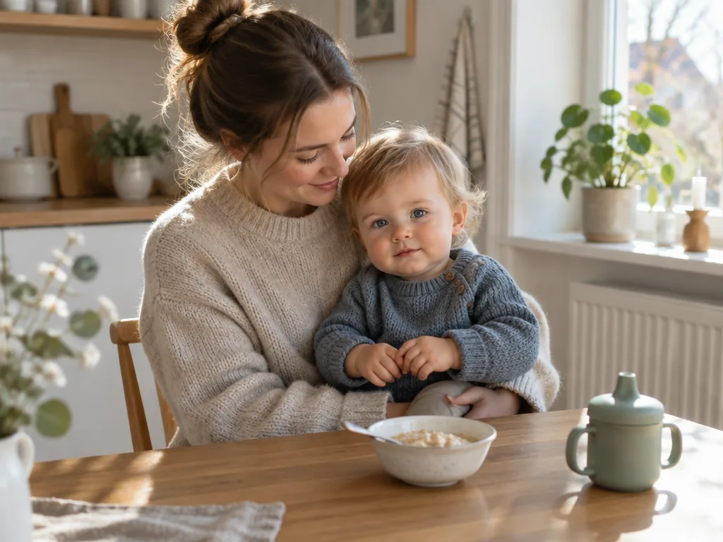 Mamma med sitt ettåriga barn i knät vid köksbordet med gröt och pipmugg