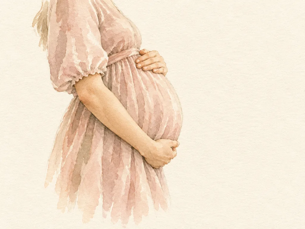 Akvarell av en gravid mage i fönsterljus
